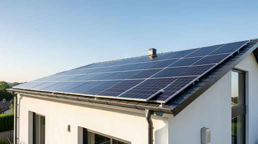 9 kWc de panneaux solaires installés sur le toit d'une maison moderne avec un ciel bleu clair