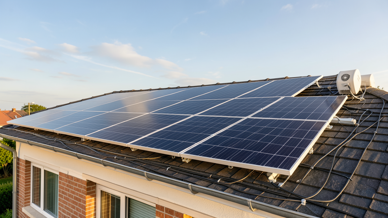 9 kWc photovoltaïque installation sur le toit d'une maison avec panneaux solaires alignés