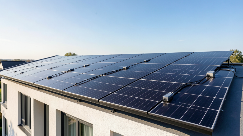 9 kwc photovoltaïque installé sur le toit d'une maison contemporaine