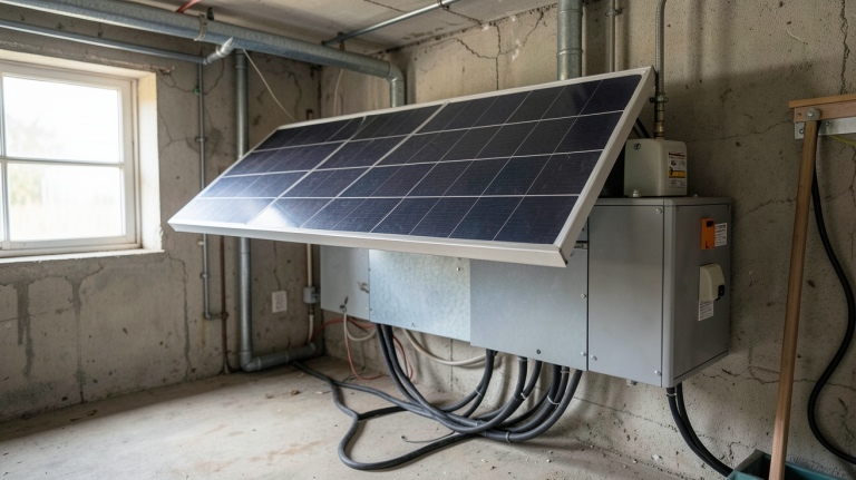 achat batterie solaire installée dans un garage avec des câbles connectés