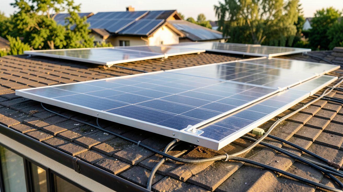 achat batterie solaire installation sur toit de maison avec panneaux photovoltaïques