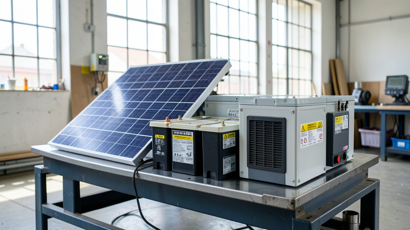 achat batterie solaire : différents types de batteries (lithium, plomb, sel fondu) exposés dans un atelier