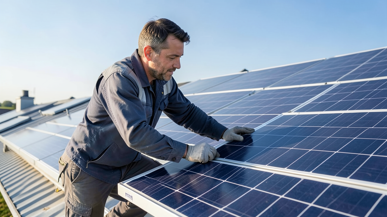 achat de panneau solaire : professionnel vérifiant les spécifications techniques d'un panneau photovoltaïque avant installation