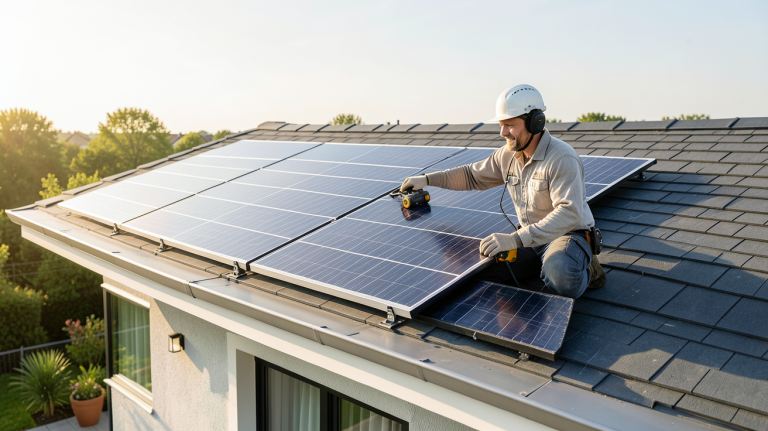 achat de panneau solaire : installation professionnelle sur le toit d'une maison moderne