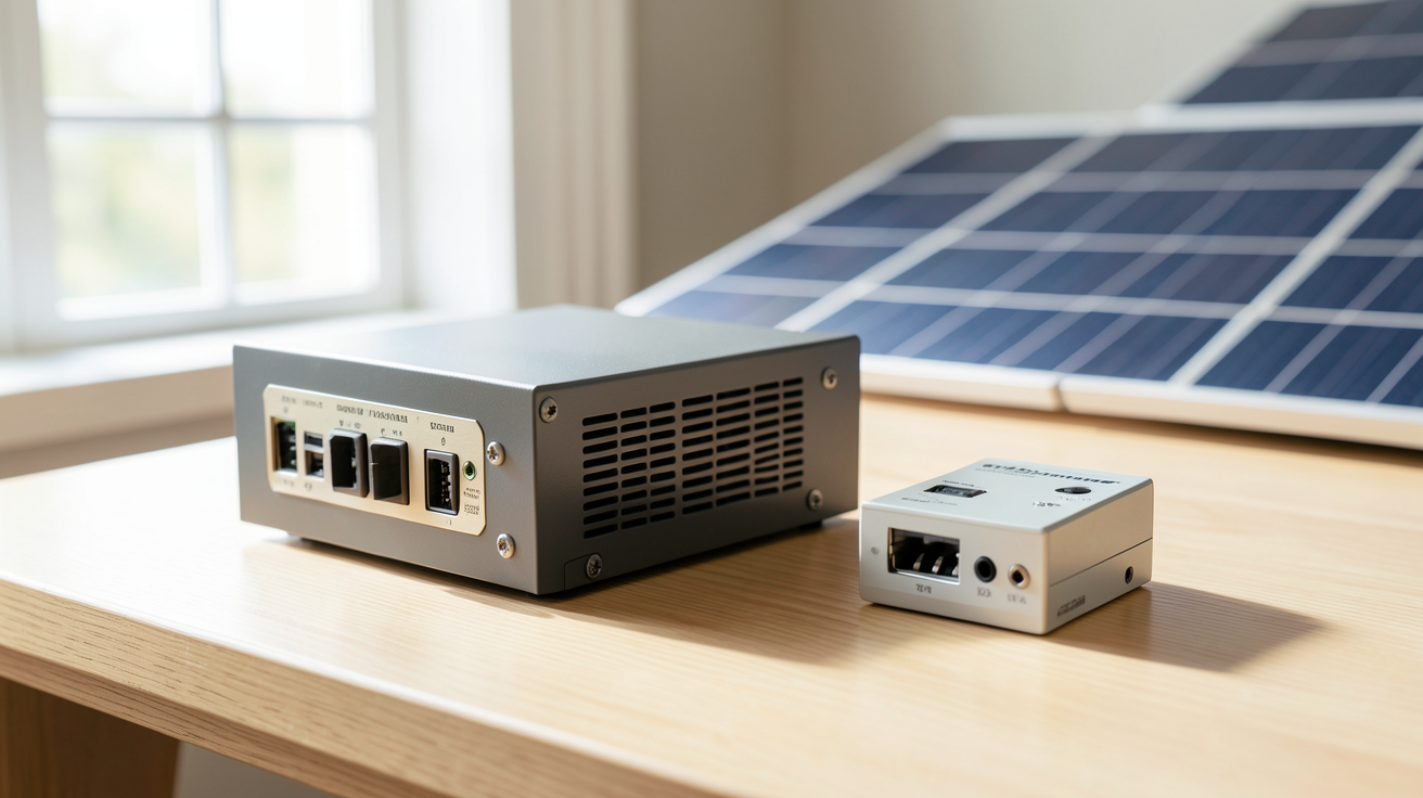 achat de panneau solaire comparaison entre onduleur central et micro-onduleurs sur une table en bois