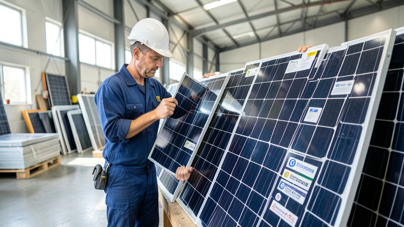achat de panneaux photovoltaïques : installateur professionnel examinant des panneaux de différentes technologies dans un entrepôt