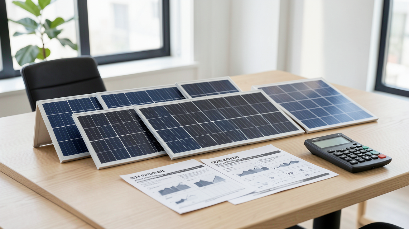 achat groupé panneaux photovoltaïques : comparatif 2024 de prix de panneaux solaires présentés sur une table en bois clair