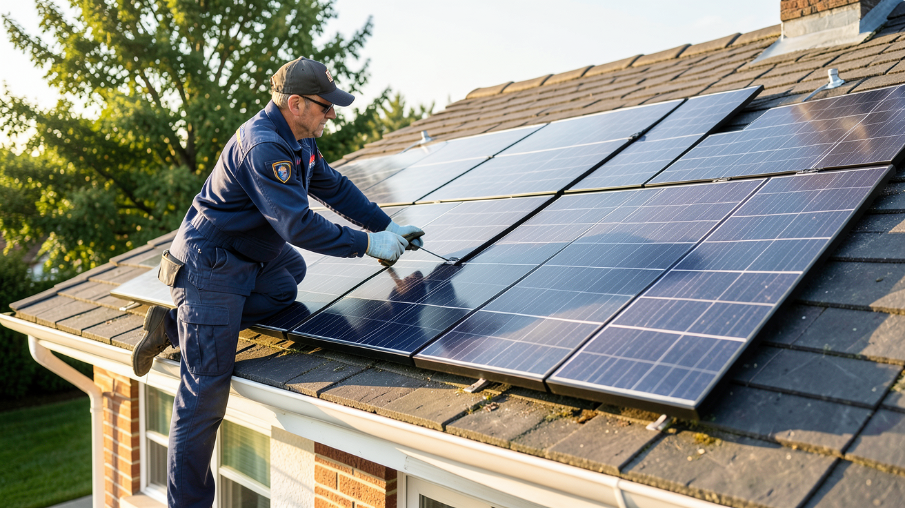 achat groupé panneaux photovoltaïques : technicien installant des panneaux solaires sur une maison avec l'expertise de Prime Énergie Rénovation