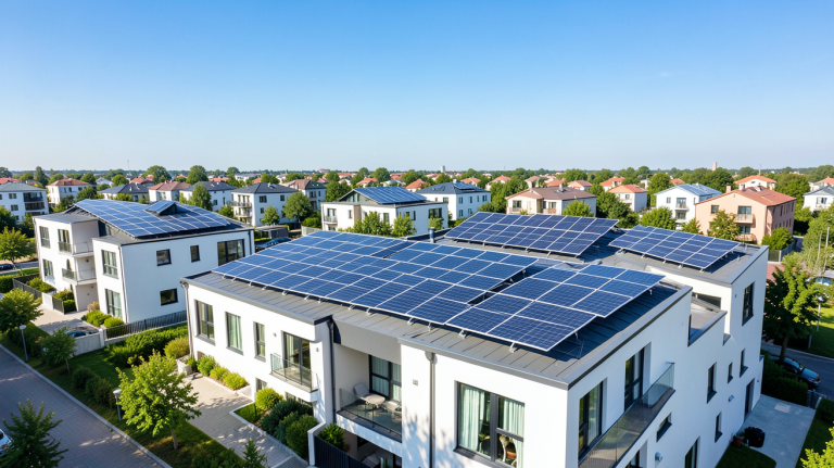 achat groupé panneaux photovoltaïques installés sur les toits de plusieurs maisons dans un quartier résidentiel.