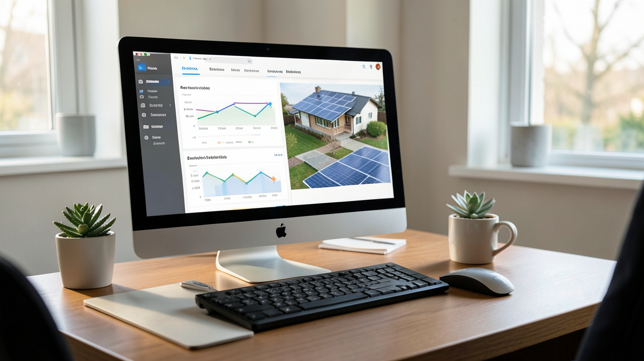 achat maison avec panneaux photovoltaiques montrant un écran d'ordinateur avec des graphiques de rentabilité énergétique
