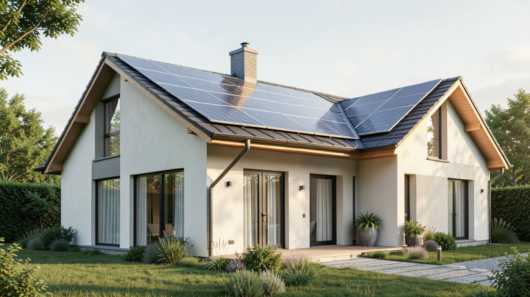 achat maison avec panneaux photovoltaiques sur le toit d'une maison familiale ensoleillée