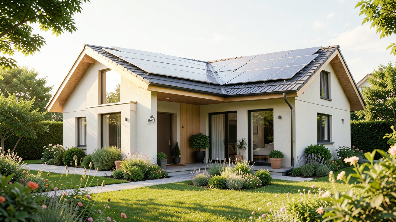 achat maison avec panneaux photovoltaiques famille heureuse devant sa maison équipée de panneaux solaires
