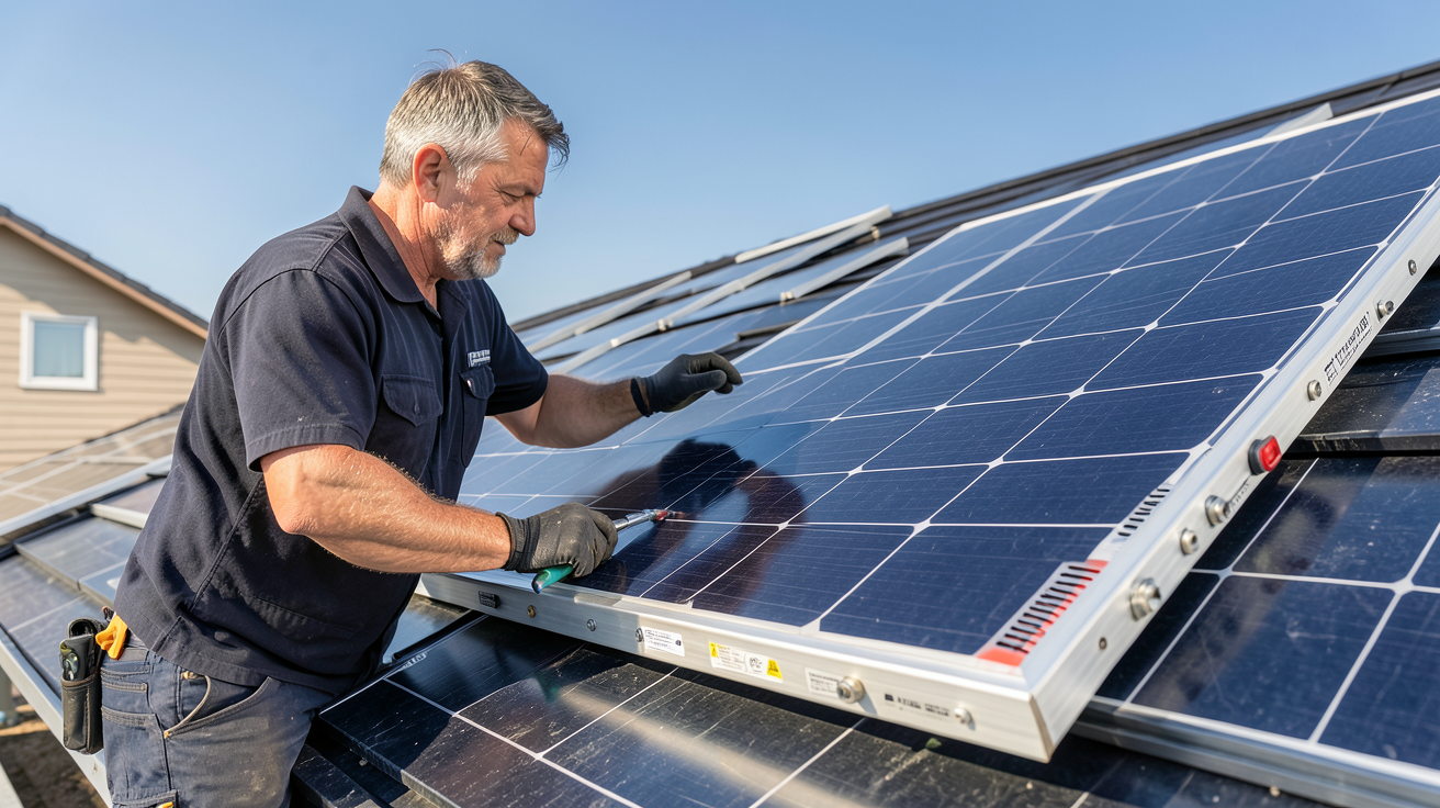 achat panneau solaire : installateur professionnel vérifiant les critères essentiels d'un panneau photovoltaïque sur un toit résidentiel