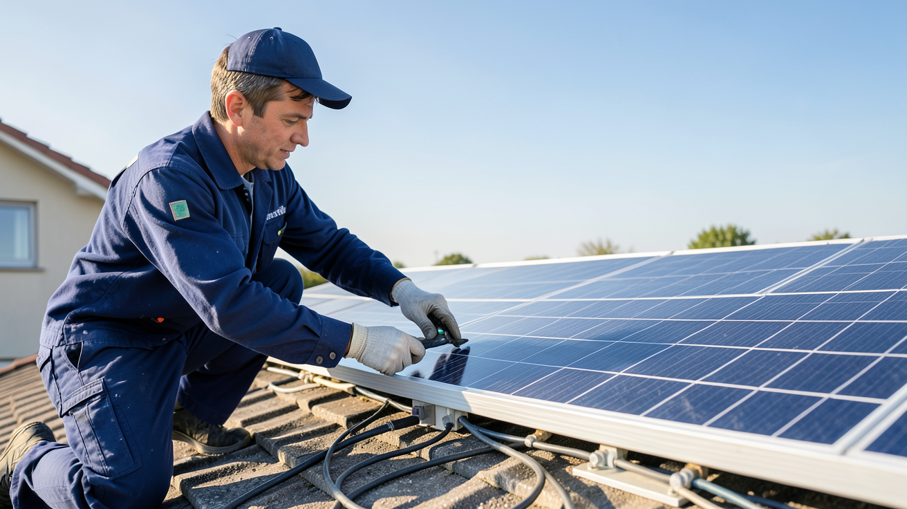 achat panneau solaire : technicien vérifiant l'entretien et le suivi de performance d'un panneau solaire sur un toit