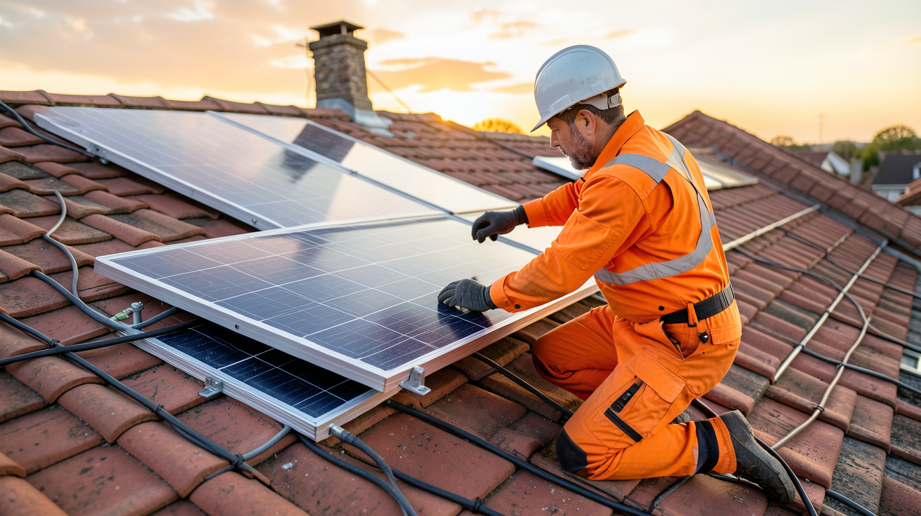 achat panneau solaire : installation professionnelle d'un panneau solaire sur un toit résidentiel par un technicien qualifié