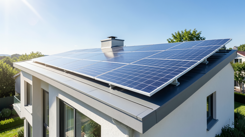 achat panneau solaire installé sur le toit d'une maison résidentielle moderne