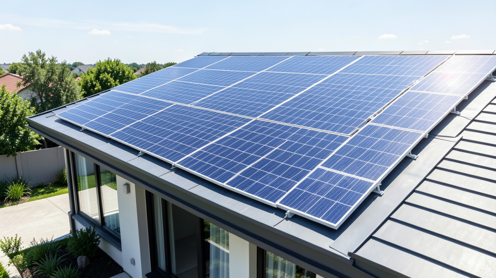 achat panneau solaire prix illustré par des panneaux photovoltaïques installés sur un toit résidentiel.