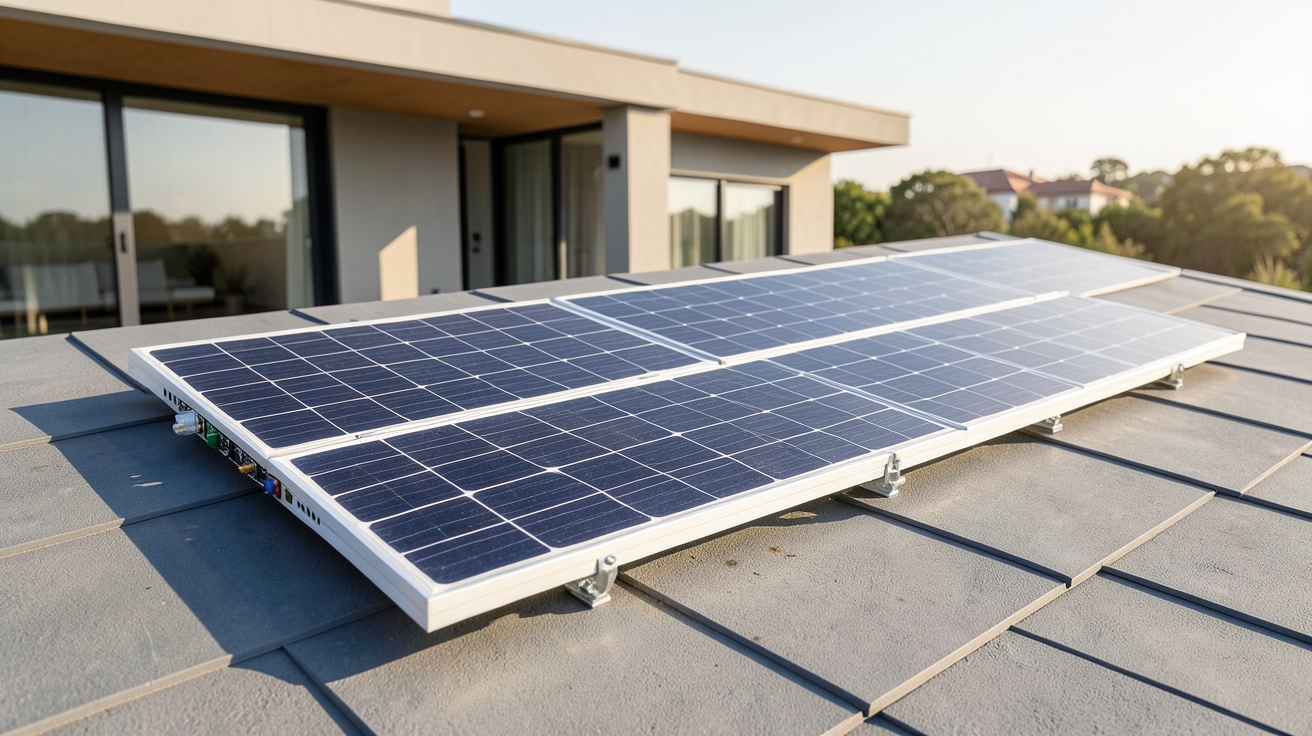 achat panneau solaire prix moyen 2025 affiché sur un panneau photovoltaïque installé sur un toit