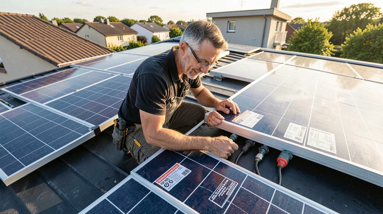 achat panneaux photovoltaïque : installateur vérifiant la puissance des panneaux solaires sur un toit résidentiel