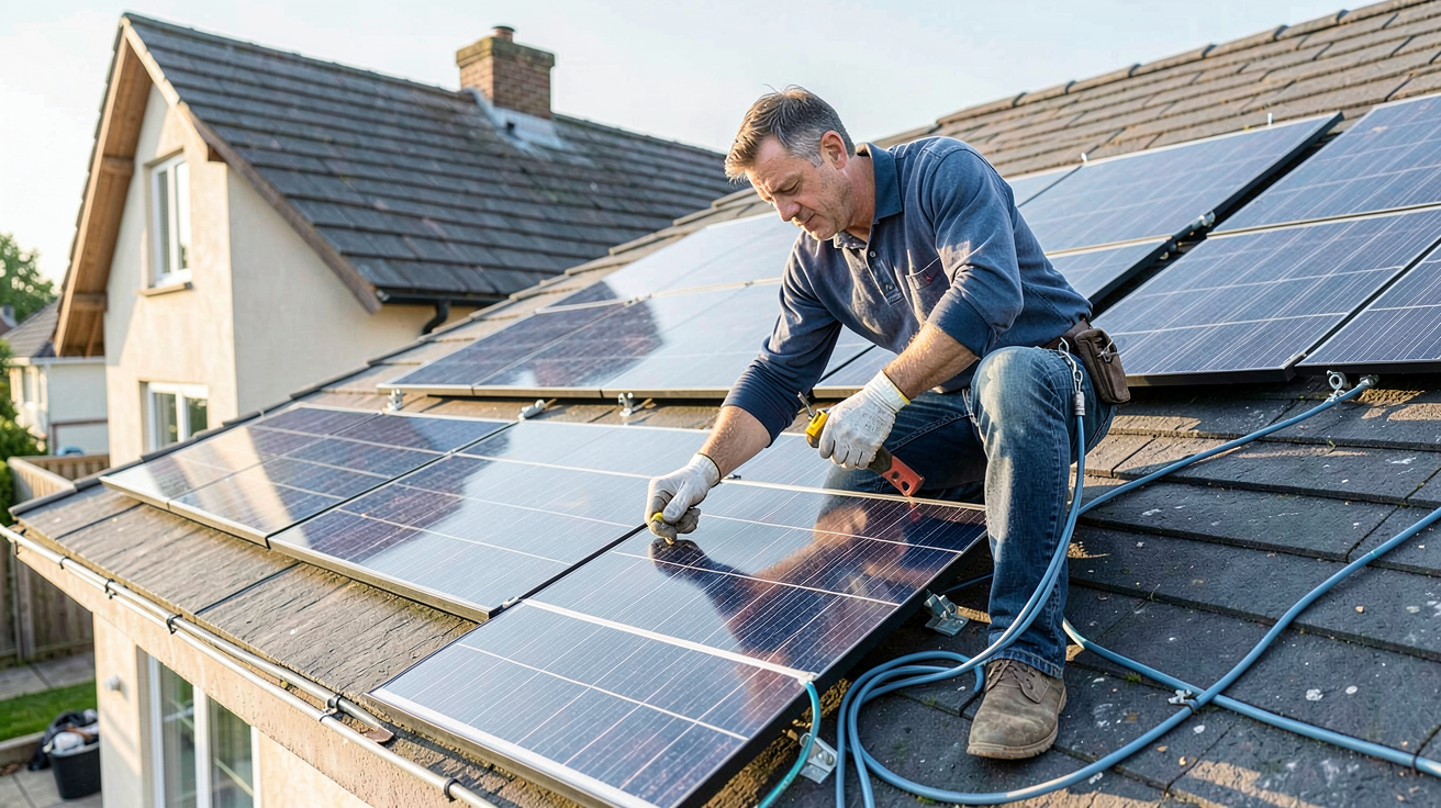 achat panneaux photovoltaïque : installateur posant des panneaux solaires sur un toit de maison en 2024