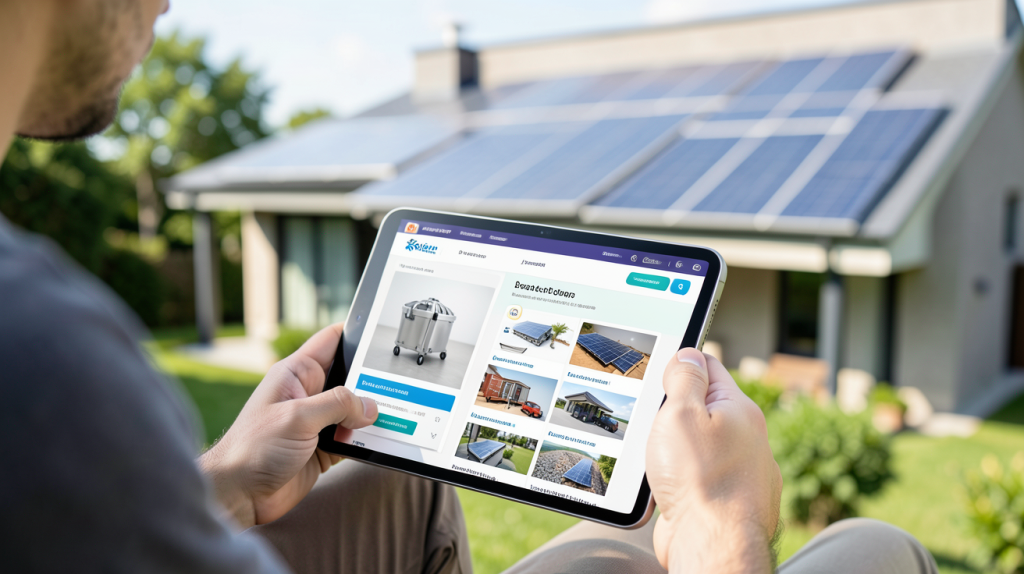 achat panneaux photovoltaïques en ligne via une tablette numérique avec une maison écologique en arrière-plan