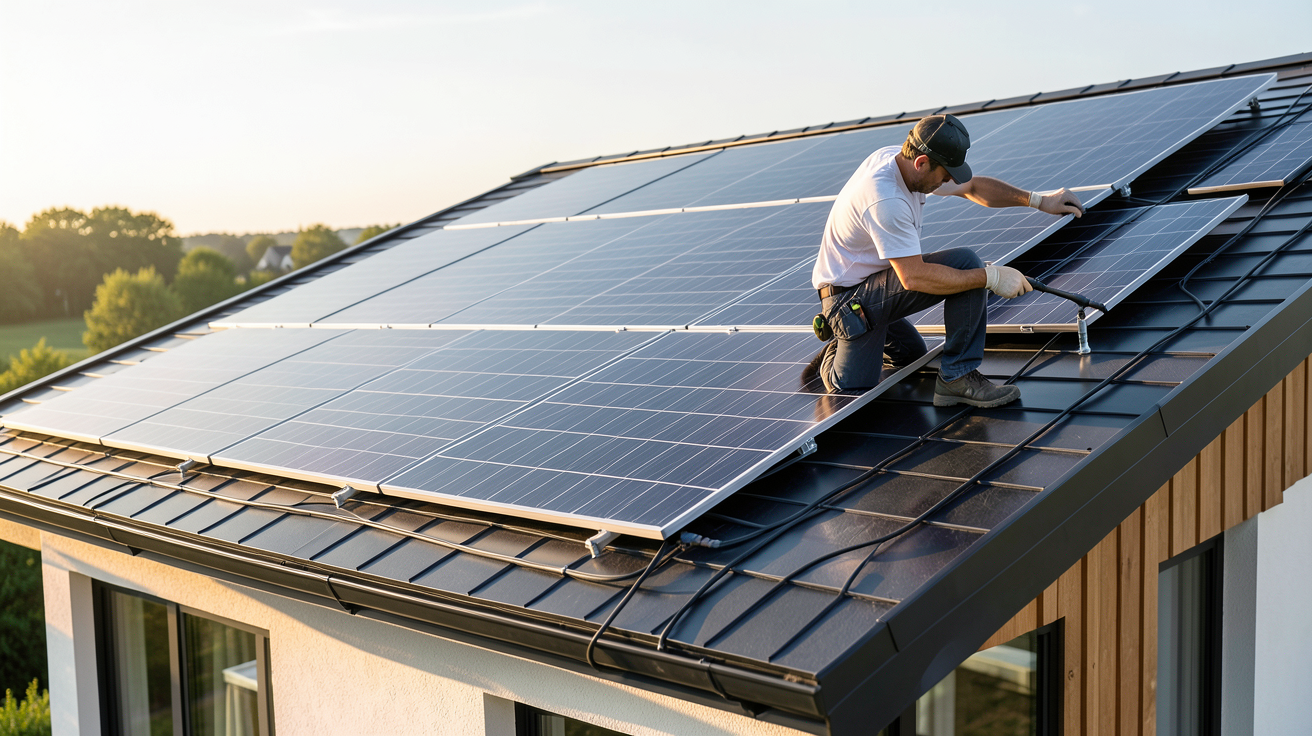 achat panneaux photovoltaïques : installation de panneaux solaires sur un toit de maison moderne en 2024