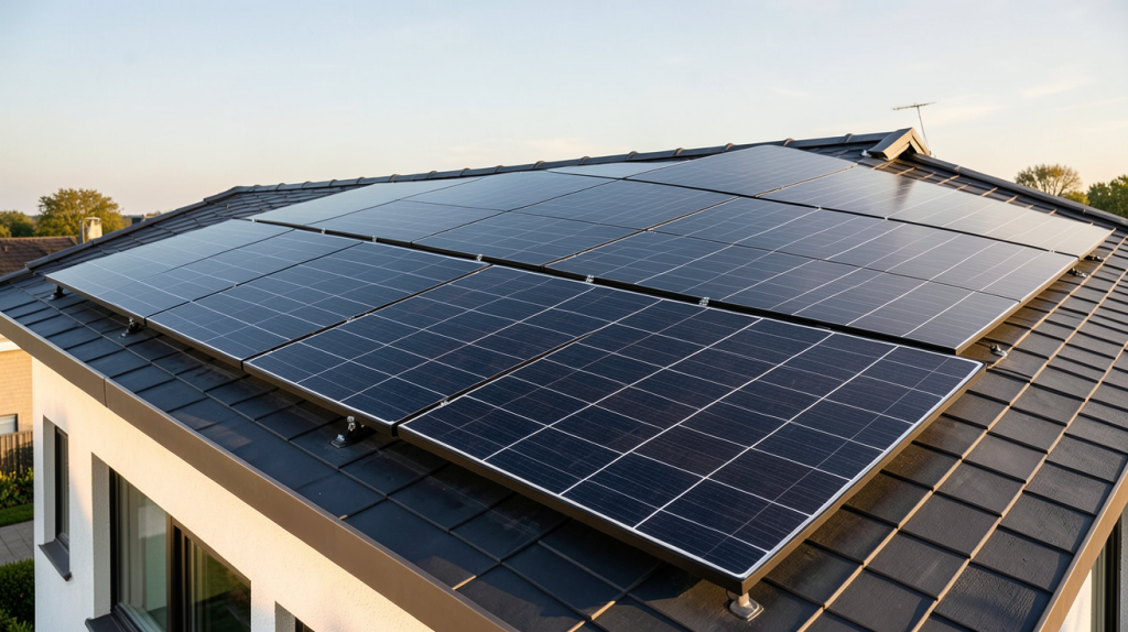 achat panneaux photovoltaïques installés sur le toit d'une maison contemporaine