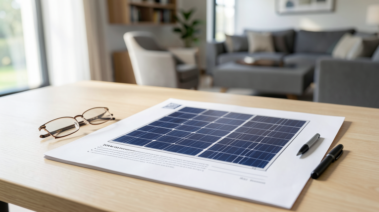 achat panneaux solaires photovoltaïques devis détaillé installation 2024 posé sur table avec lunettes et stylo