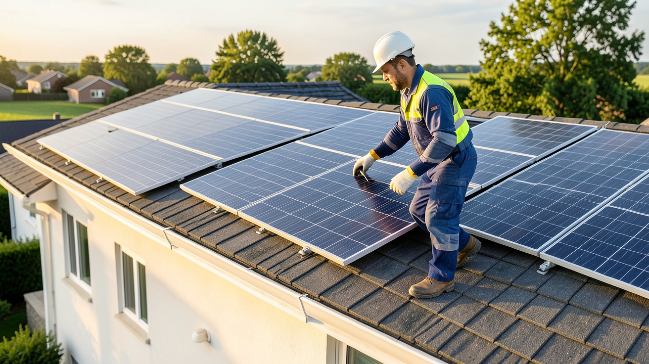 achat panneaux solaires photovoltaïques : professionnel installant des panneaux sur le toit d'une maison