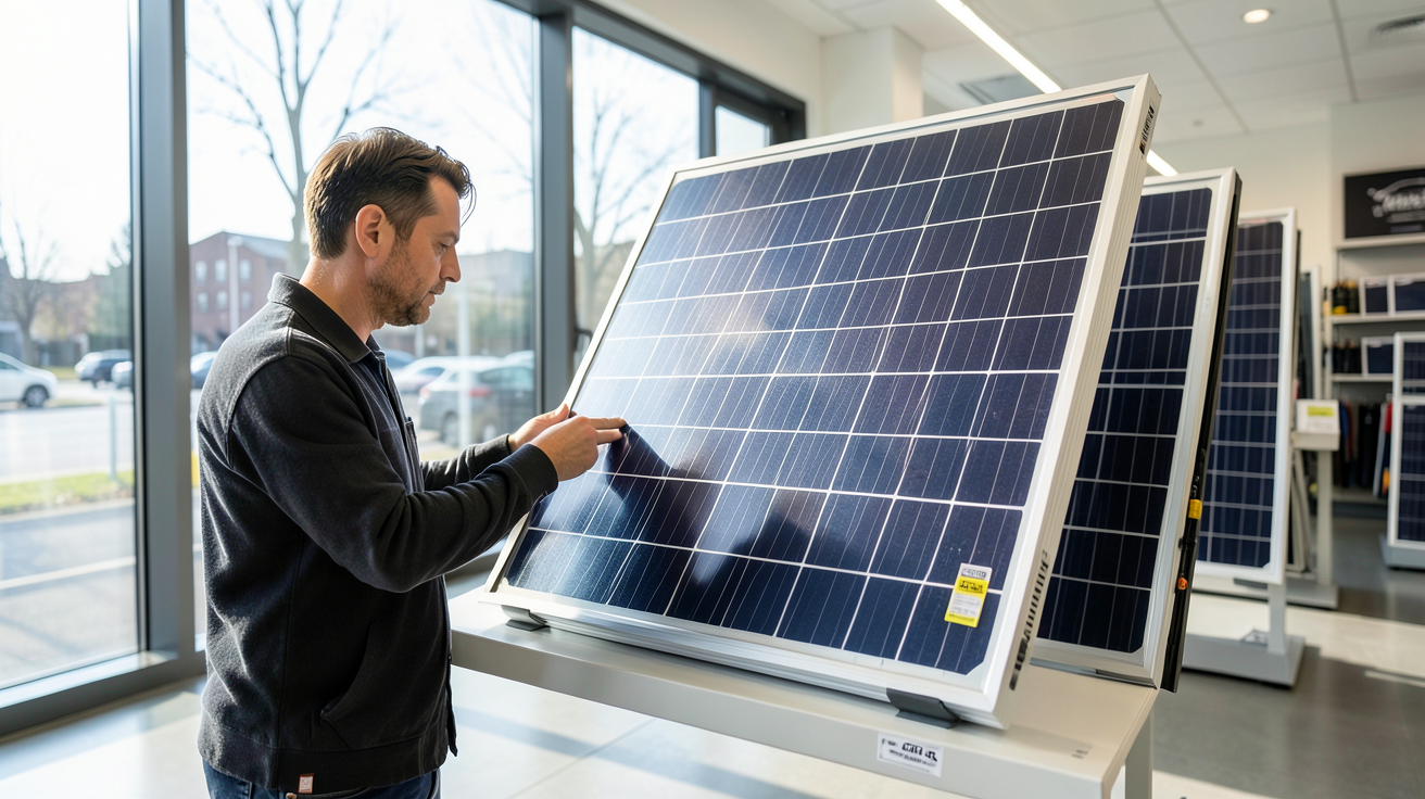acheter des panneaux photovoltaïques : personne examinant un panneau solaire en magasin spécialisé