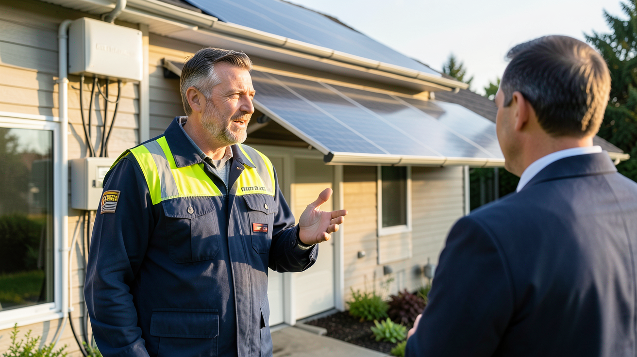 acheter des panneaux photovoltaïques : étapes d'achat et d'installation avec un professionnel et un client devant une maison équipée