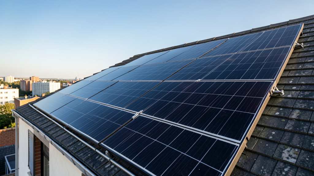 acheter des panneaux photovoltaïques installés sur le toit d'une maison urbaine moderne