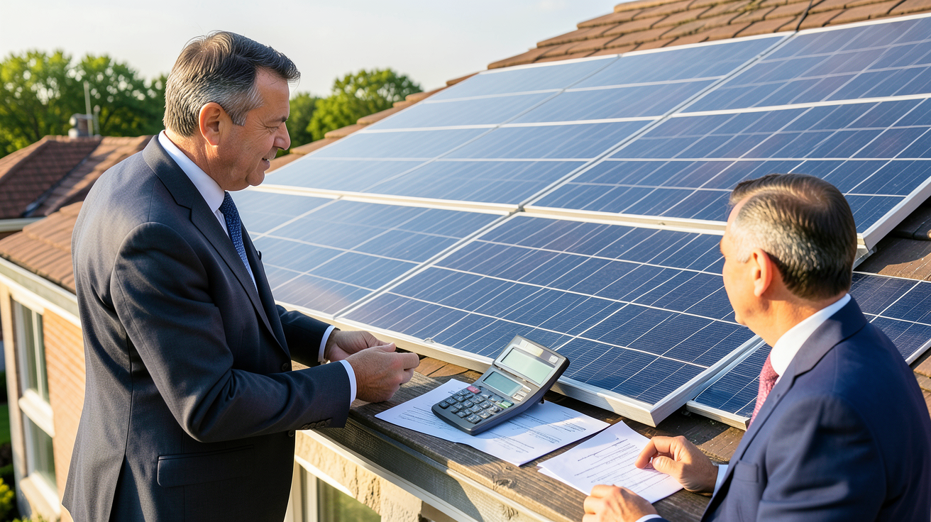 acheter panneaux photovoltaïques : professionnel expliquant les aides financières 2024 à un client devant une installation solaire