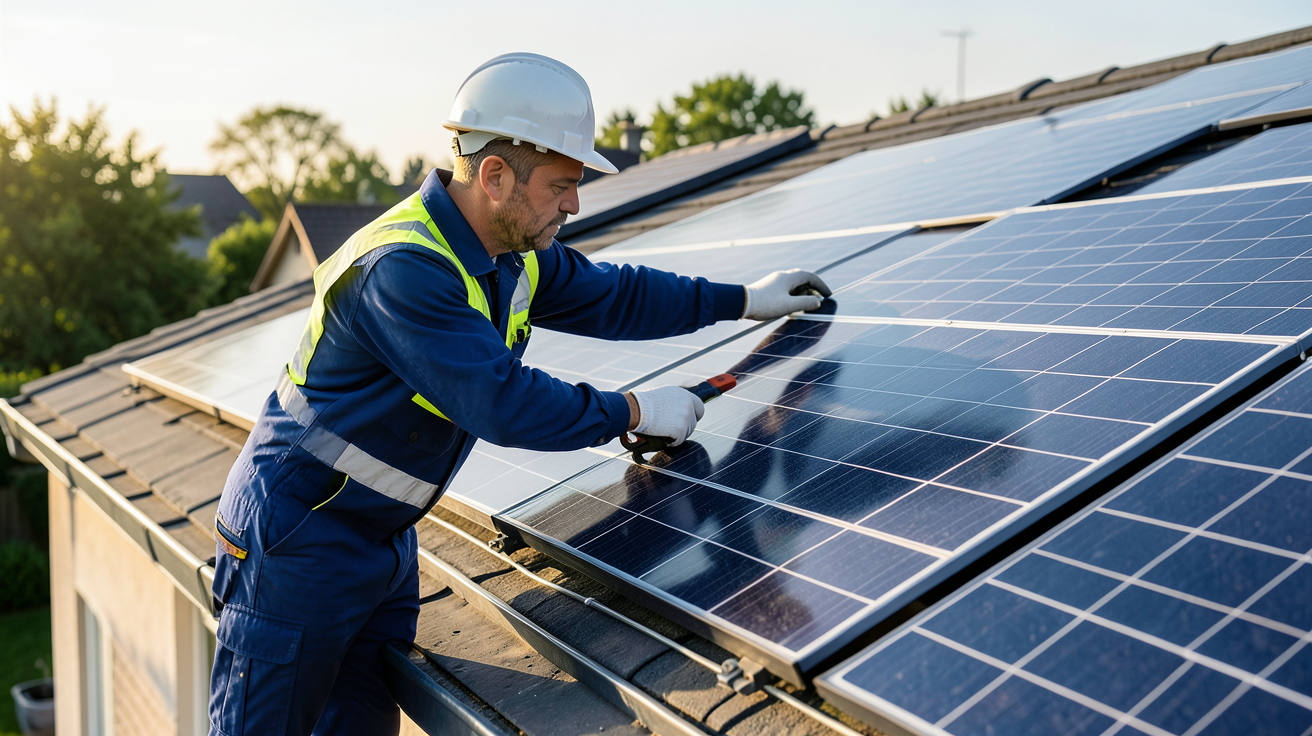 acheter panneaux photovoltaïques : professionnel installant des panneaux solaires sur un toit résidentiel