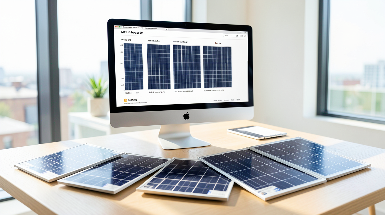 acheter panneaux photovoltaïques comparatif 2024 affichant différents types de panneaux solaires sur un bureau moderne