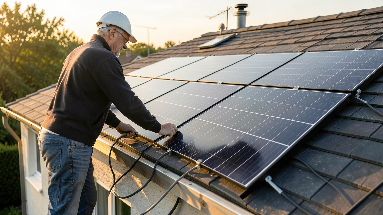 ademe autoconsommation : technicien installant des panneaux solaires sur un toit de maison individuelle