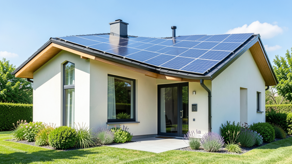 ademe autoconsommation avec des panneaux solaires installés sur le toit d'une maison moderne