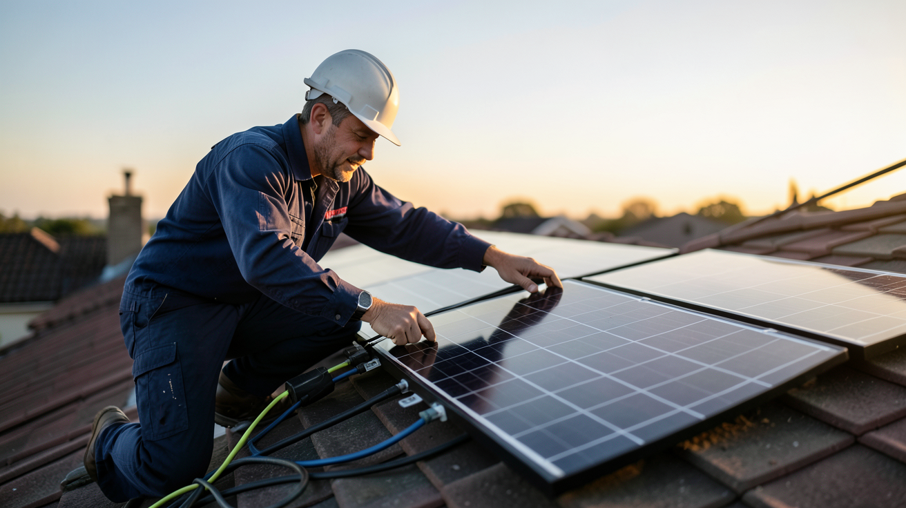 ademe panneau solaire installation technique par un professionnel sur un toit de maison