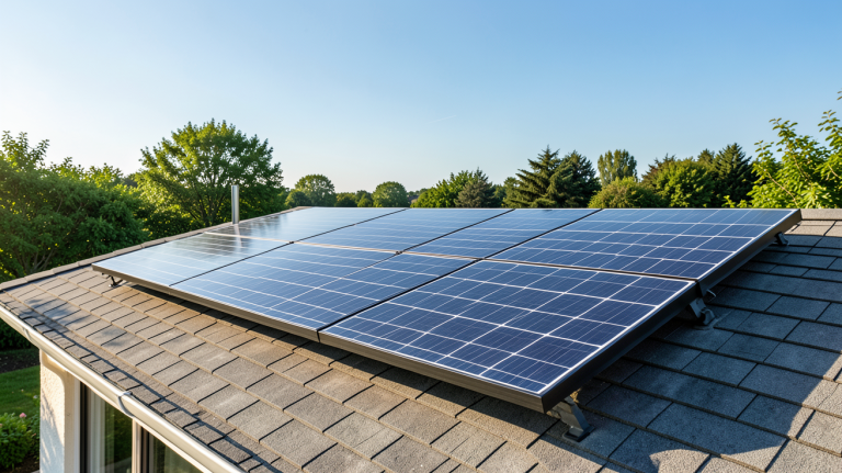 ademe panneau solaire installé sur un toit de maison écologique avec environnement verdoyant