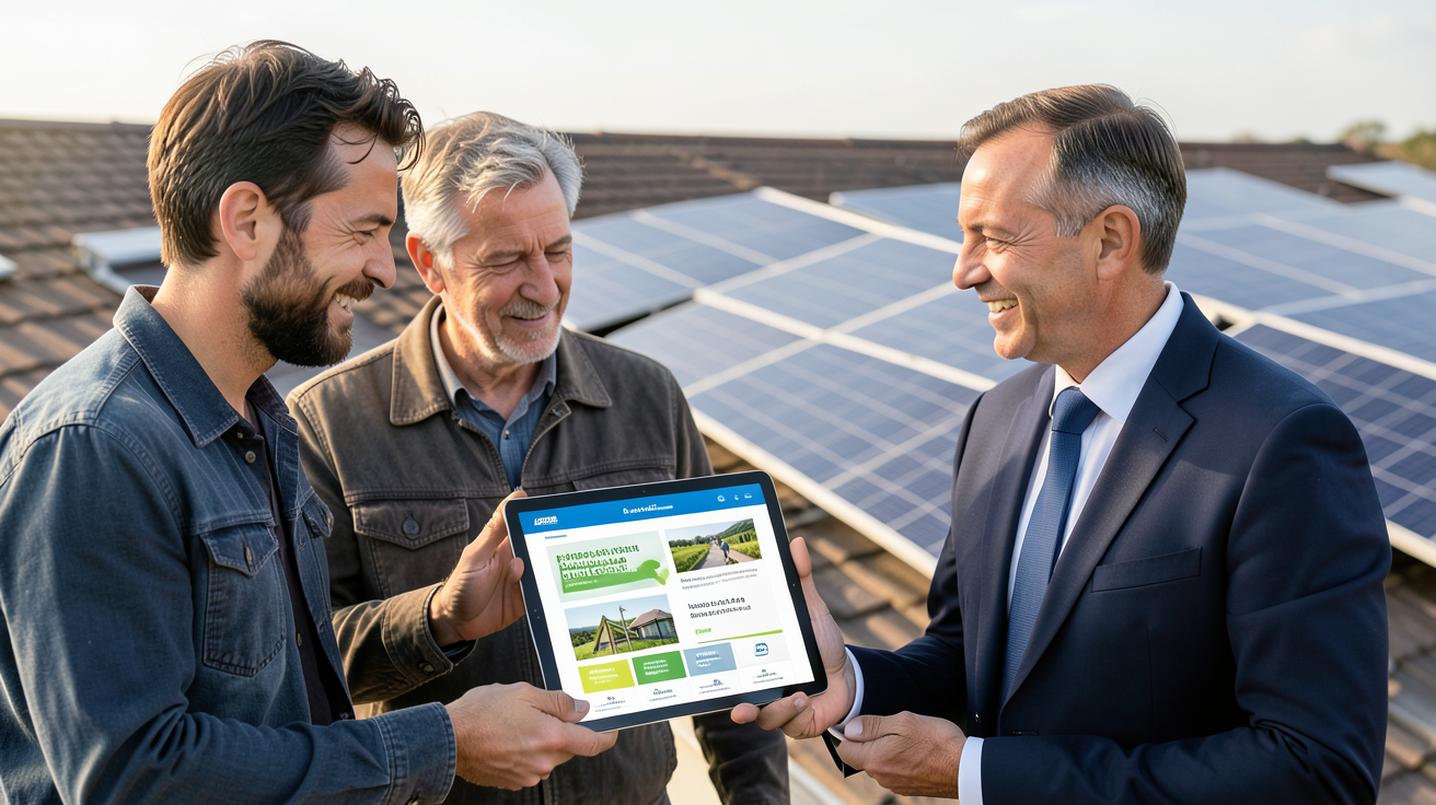 ademe photovoltaique montre un propriétaire, un agriculteur et un chef d'entreprise consultant une tablette d'aides financières devant des panneaux solaires
