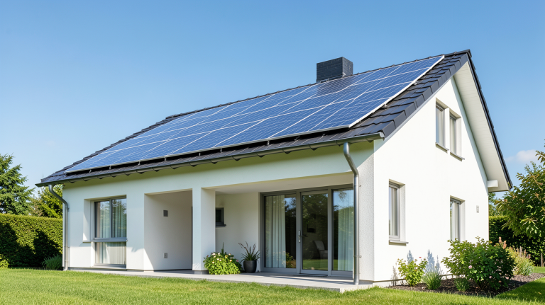 ademe photovoltaique autoconsommation avec des panneaux solaires installés sur le toit d'une maison moderne
