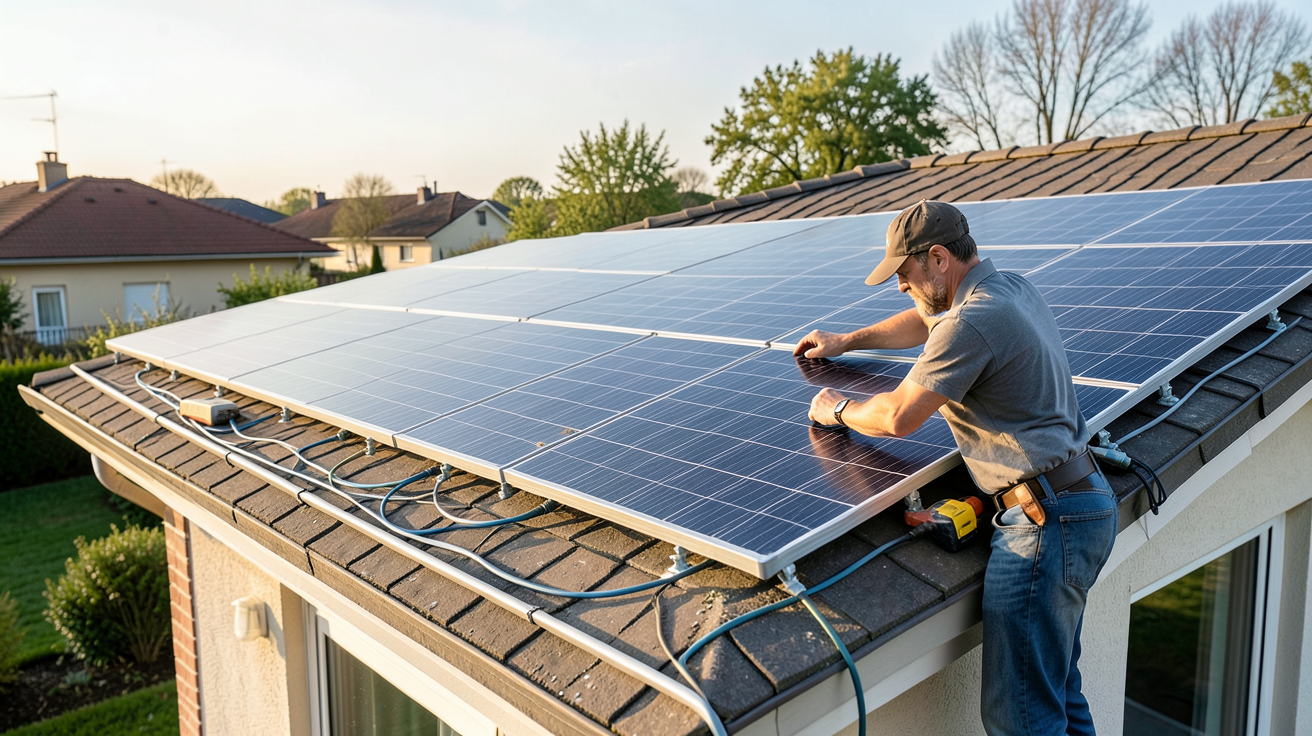 ademe photovoltaïque particulier installant des panneaux solaires sur le toit d'une maison