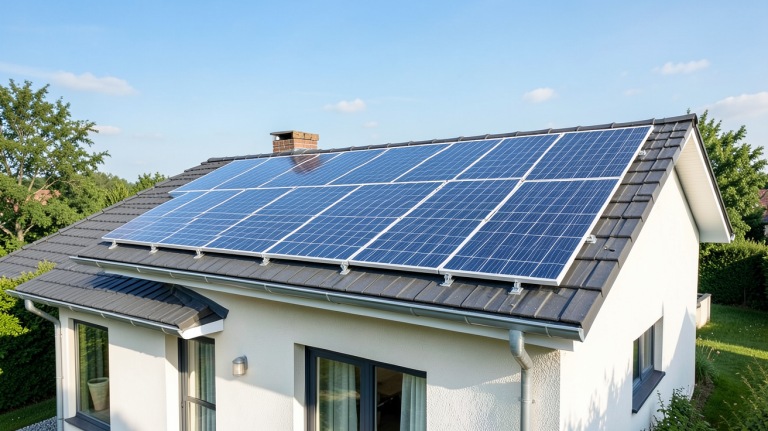 ademe photovoltaïque particulier installé sur le toit d'une maison individuelle, panneaux solaires alignés sous un ciel ensoleillé