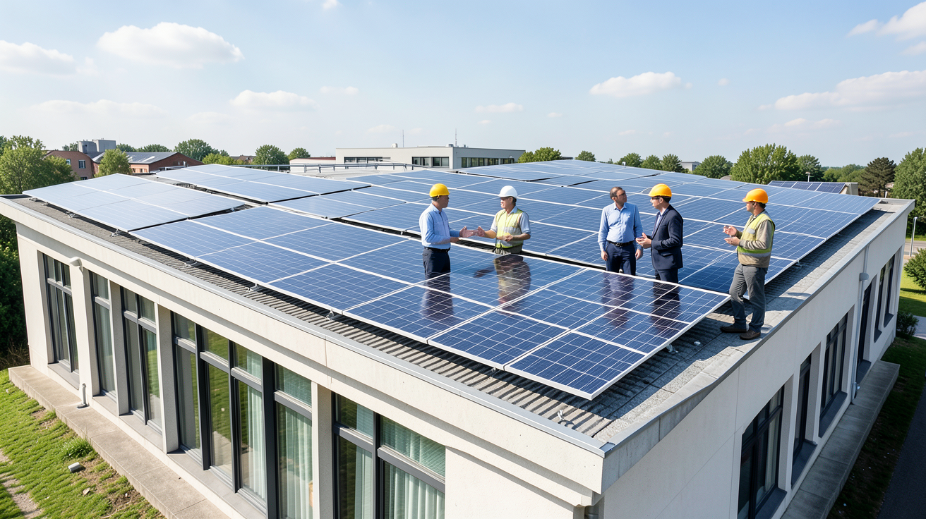 ademe photovoltaique groupe d'ingénieurs devant une installation solaire financée par l'ADEME