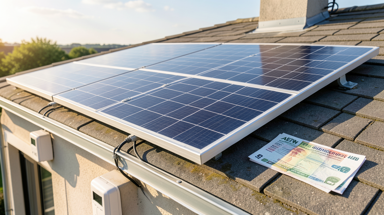 aen photovoltaïque installation sur toit de maison avec compteur électrique et factures d'électricité illustrant la rentabilité et les économies