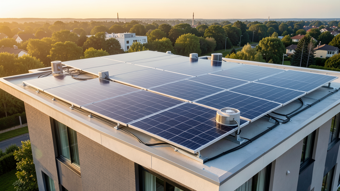 aerovoltaique système hybride sur toit de maison moderne avec panneaux solaires et ventilation intégrée