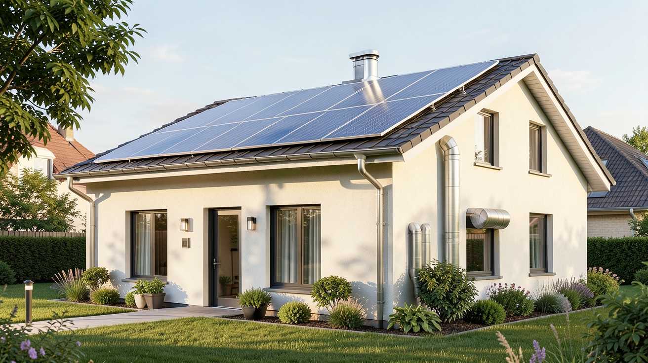 aérovoltaïque installation sur une maison avec panneaux solaires et système de ventilation intégré
