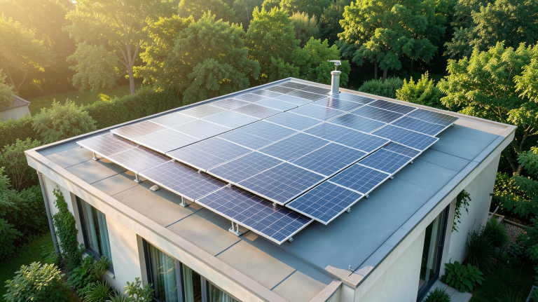 aérovoltaïque : panneaux solaires avec système de ventilation intégré sur le toit d'une maison écologique
