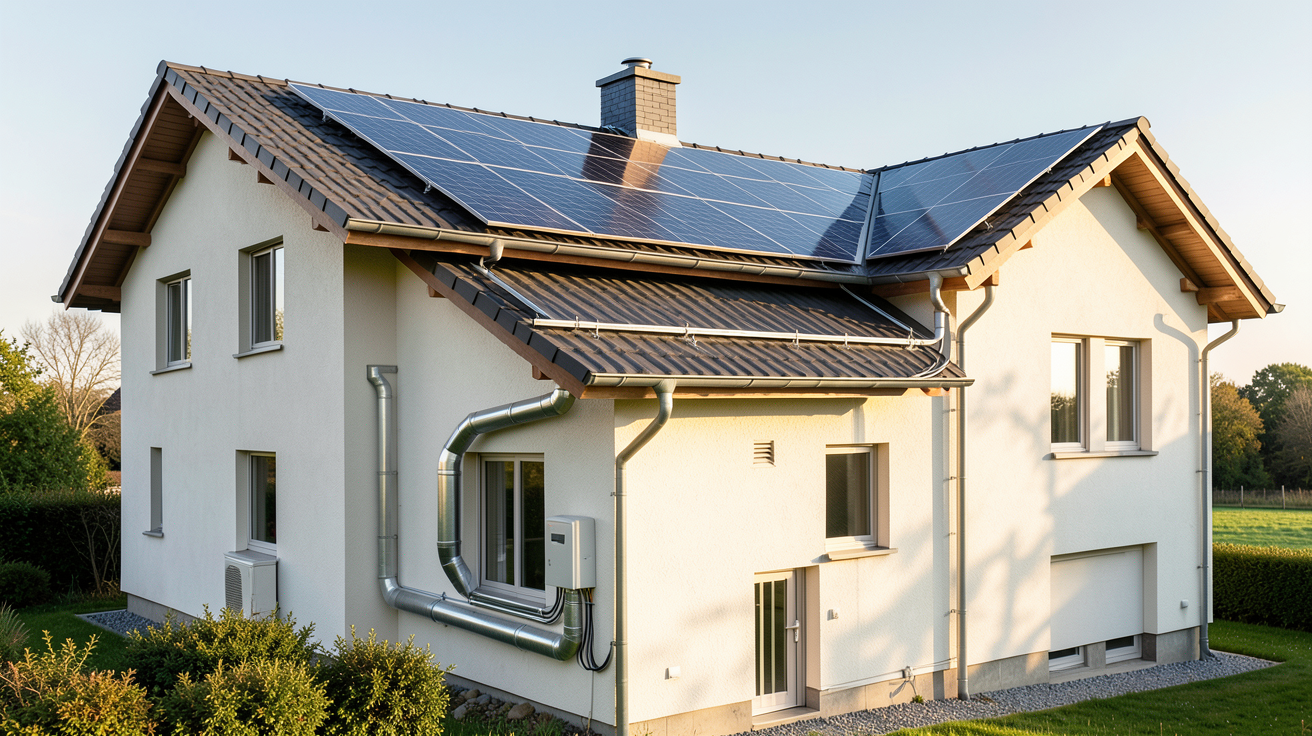 aerovoltaique projet réel d'une maison équipée de panneaux solaires aérovoltaïques produisant électricité et chaleur
