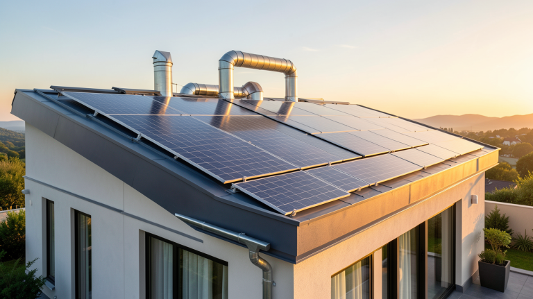 aerovoltaique installé sur le toit d'une maison contemporaine avec panneaux solaires et conduits de ventilation